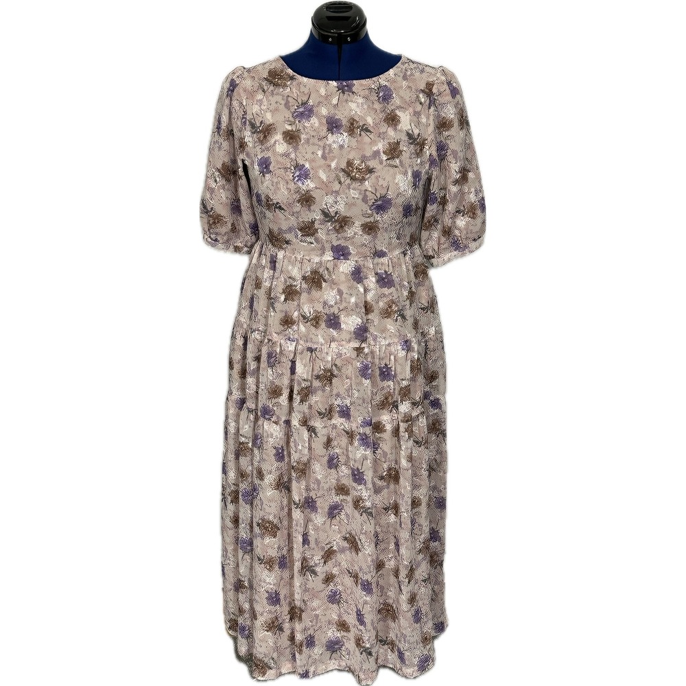 En Saison Floral Jacquard Tiered Maxi Dress Puff Sleeve M Purple Brown Boho